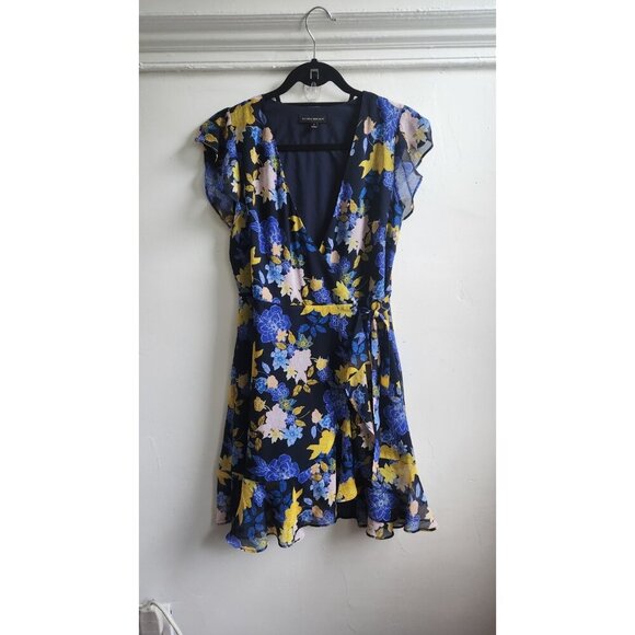 Banana Republic mini dress women's 4 blue yellow floral ruffle wrap V-neck flowy - Picture 2 of 9